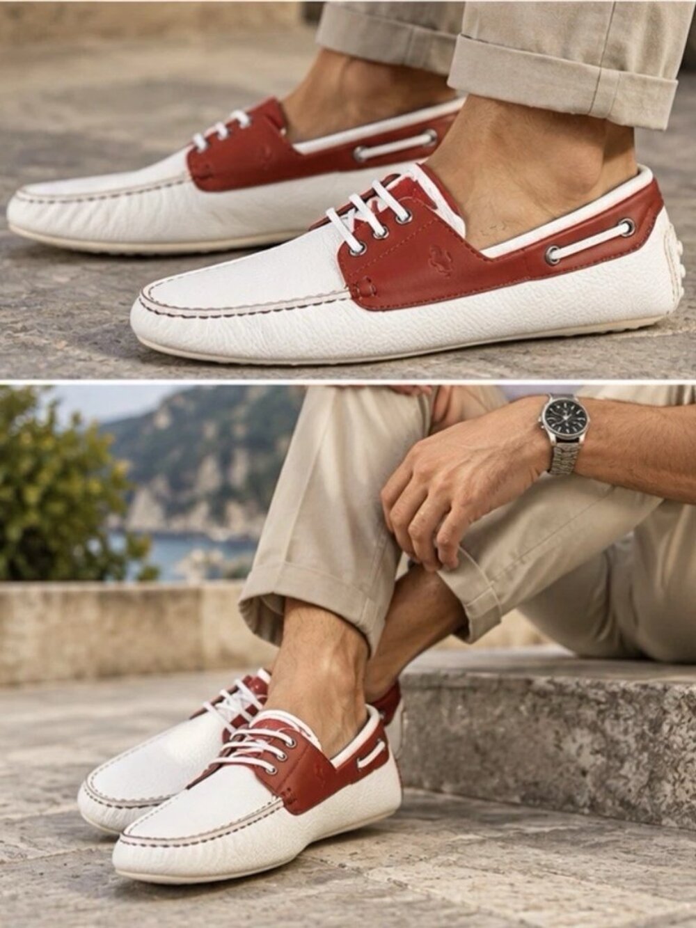 Authentic Tod’s for Ferrari White Red Leather Driving Shoes Men’s 5.5